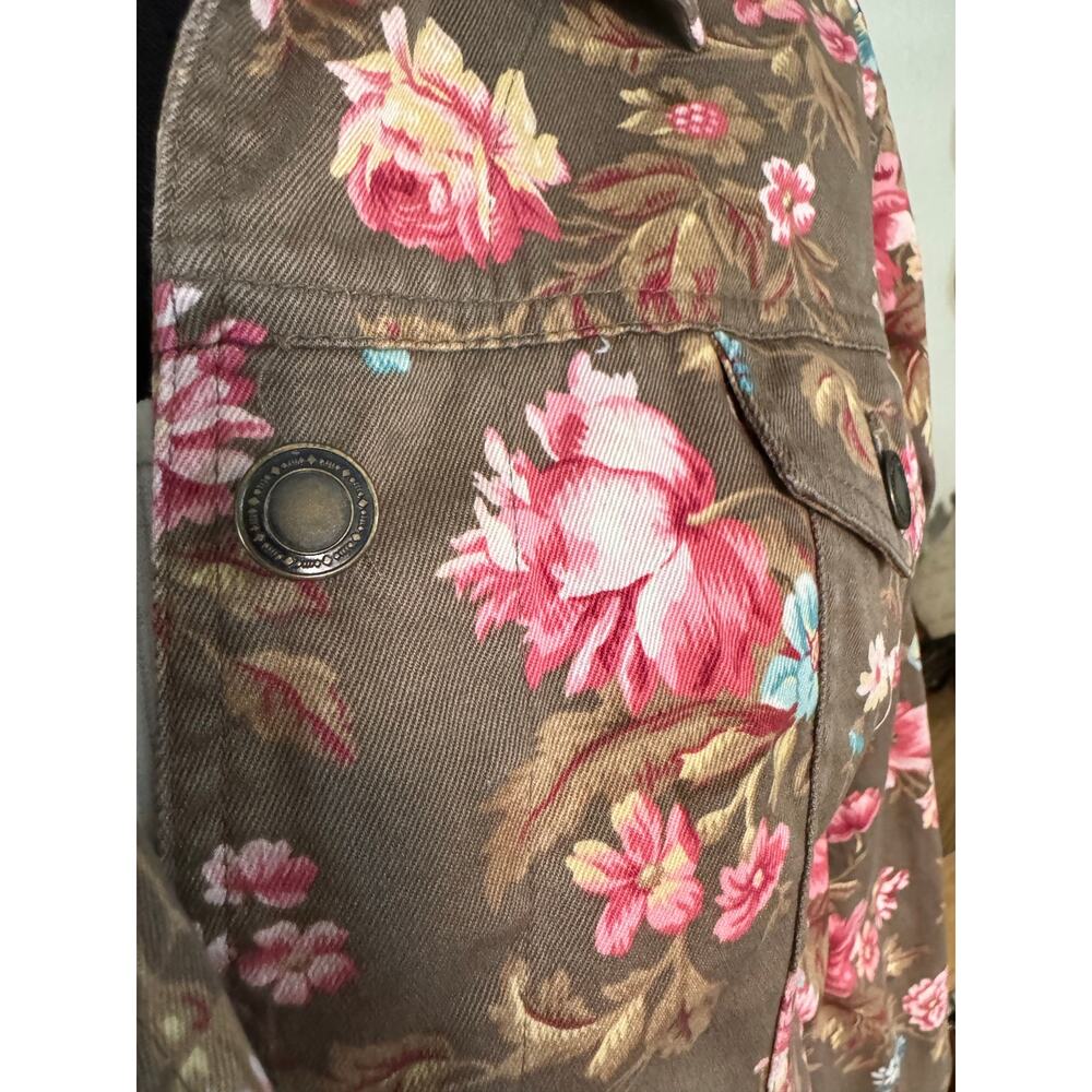 Charter Club Womens Floral Denim Trucker Jacket Large Brown Pink Stretch Cotton - Picture 2 of 8